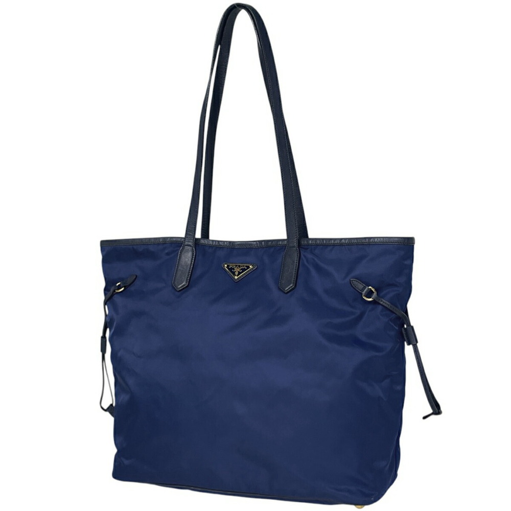 Prada Logo Plate Tote Bag Shoulder Blue